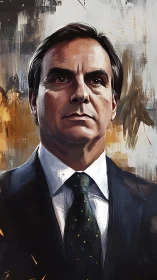 Formal male portrait in suit against abstract backdrop.