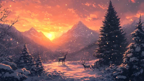 Deer stand in snowy valley beneath vivid winter sunset.
