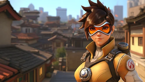 Time-sprinting heroine grins over sunlit tiled rooftops