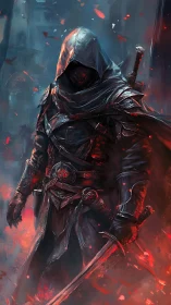 Hooded dark assassin strides through embers and shadowed ruin.
