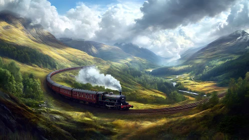 Steam locomotive on sweeping mountain curve under dramatic sky