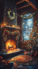 Warm stone hearth and lit tree contrast with snowy exterior window