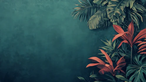 Tropical foliage cluster on teal textured background.