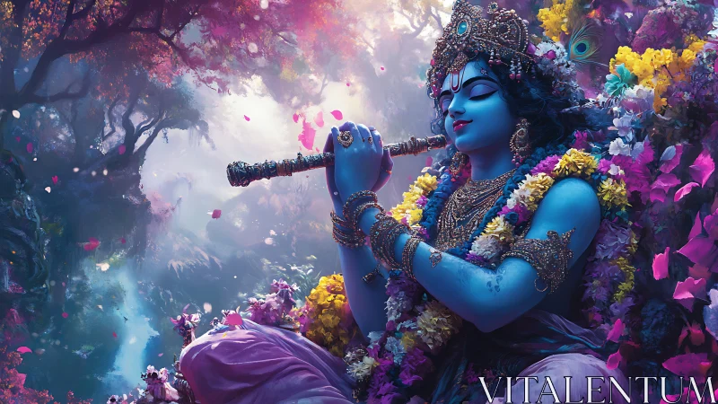 Blue deity playing flute in floral forest landscape scene.