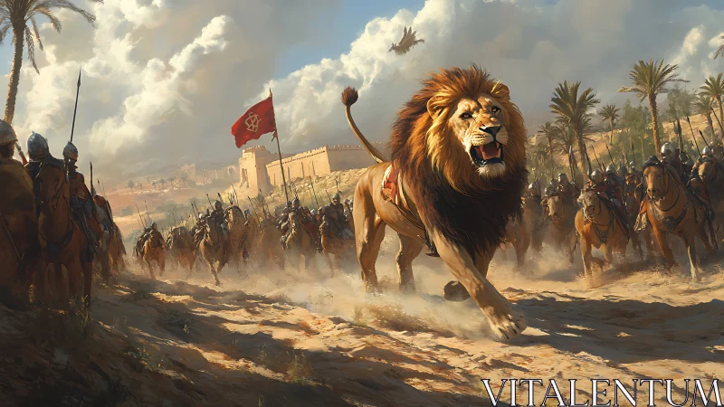 Digital painting of desert cavalry charge led by roaring lion.