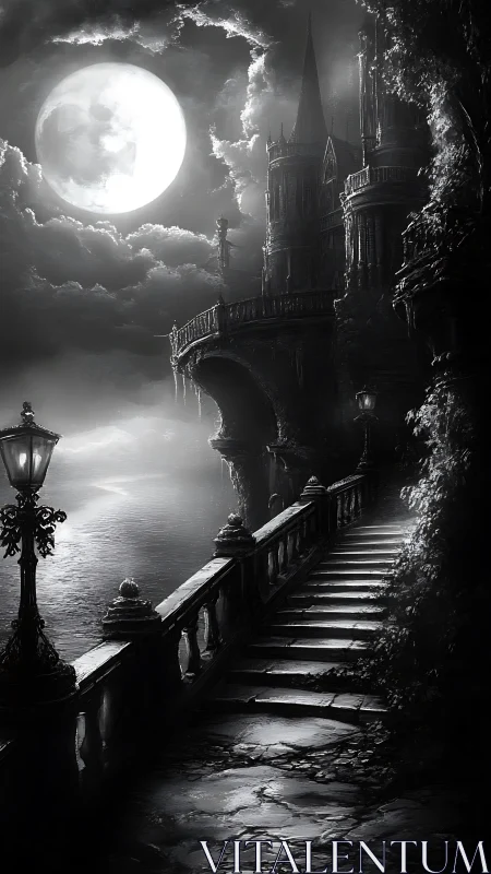 Gothic riverside staircase under full moon, monochrome digital painting.