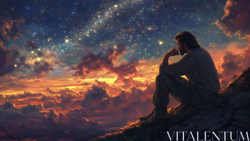 Stargazing thinker adrift above a burning cloud horizon.