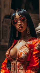 Glamorous woman in ornate orange gown and jeweled glasses.