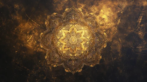 Golden mandala radiates over dark textured abstract field