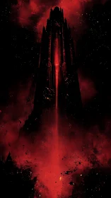 Tower of crimson shadow pierces a burning cosmic sky.