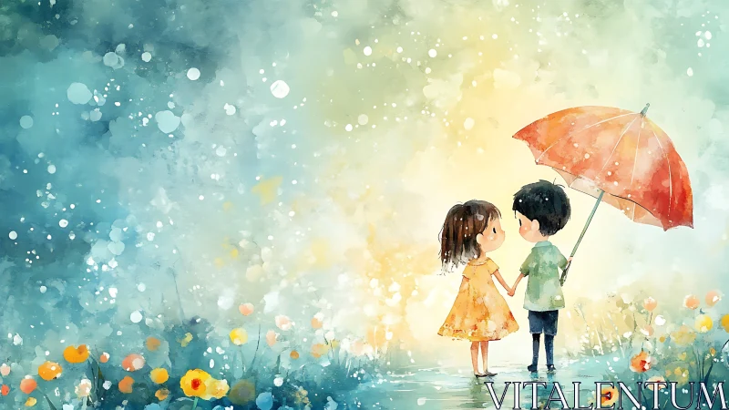 Two Children Sharing Red Umbrella in Rain Among Flowers
