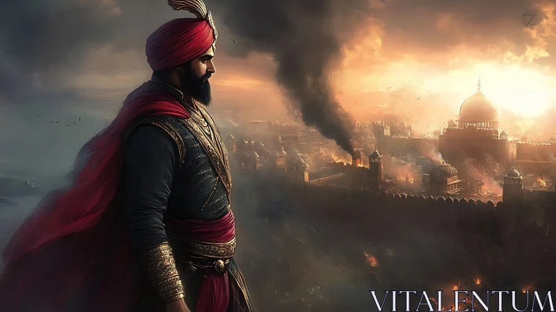 Turbaned commander surveys fortified city under dense smoke