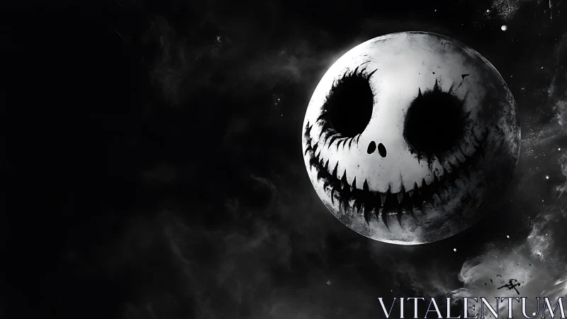 Sinister grinning moon drifts through fractured cosmic void.