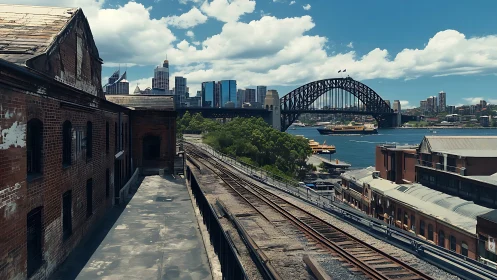 Weathered railway tracks lead toward a steel arch bridge