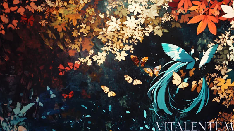 Butterfly-winged girl drifts gently through glowing autumn leaves