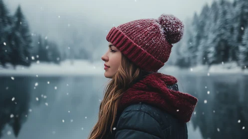 Side profile of woman in snowy lakeside winter landscape.