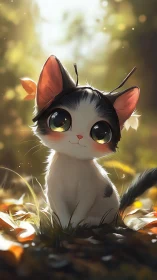 Illustrated feline with anthropomorphic features in luminous natural setting.