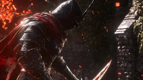 Armored swordsman stands in side profile in burning light