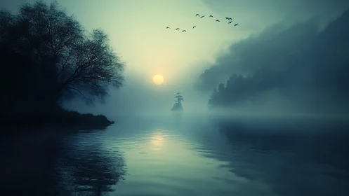 Moonlit mist drifts over a lonely island in dreamtide calm.