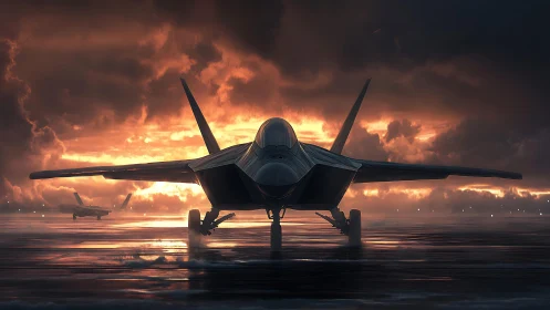Stealth fighter jet on wet runway at cinematic sunset glow.