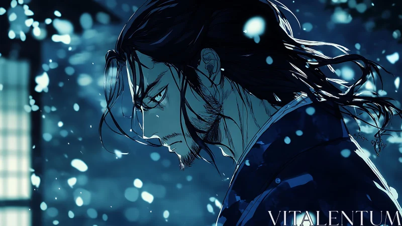 Storm-lit samurai in quiet snowfall, lost in thought.