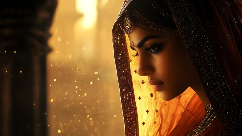 Portrait of woman in ornate veil with warm backlight.