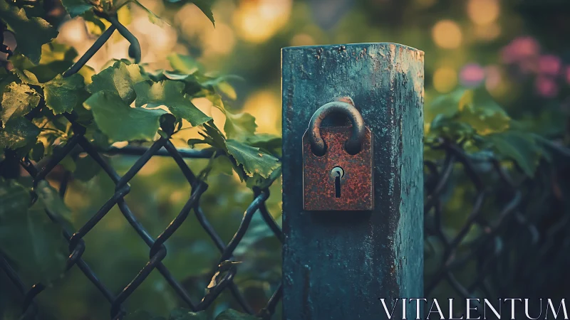 Rusty padlock on weathered post contrasts with soft garden bokeh