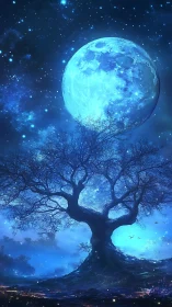 Moon-drenched dreamtree rooted beneath a sapphire sky.