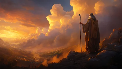 Shepherd of blazing dawn clouds atop a solemn mountain.