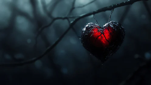 Frozen Crimson Heart Suspended on Dark Branch.