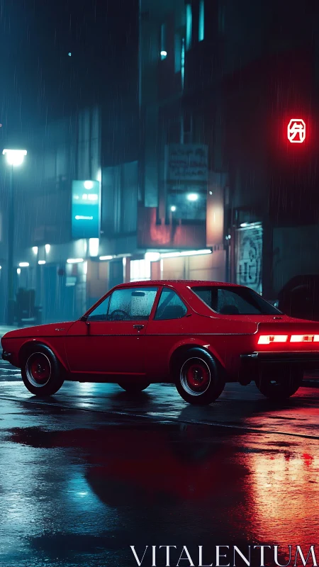 Red coupe slices neon rain on slick cyberpunk street.