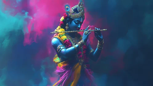 Blue-skinned deity playing flute amid dense neon color clouds
