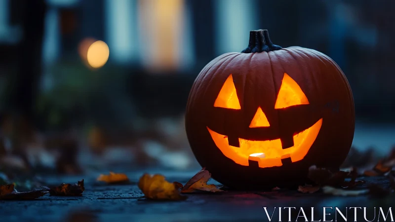 Illuminated jack o lantern on wet pavement with bokeh depth.