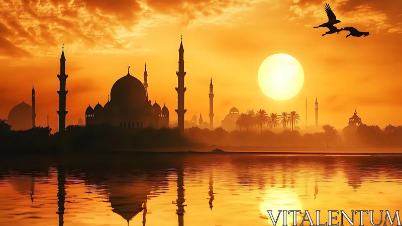 Golden sunset over tranquil mosque skyline and calm water.