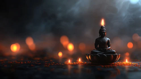 Lotus Buddha statue glows amid cinematic bokeh candles.