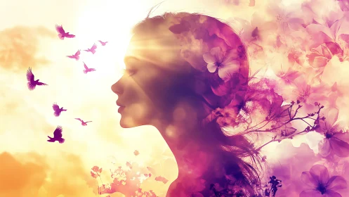 Dreamy Female Silhouette with Floral Elements in Pastel Colors.