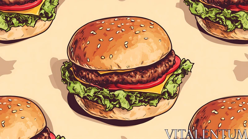 Playful pop-art burgers march across a tasty dreamscape.