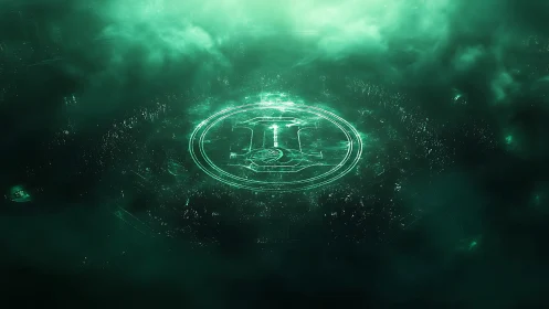 Green holographic circular interface within dense mist field.