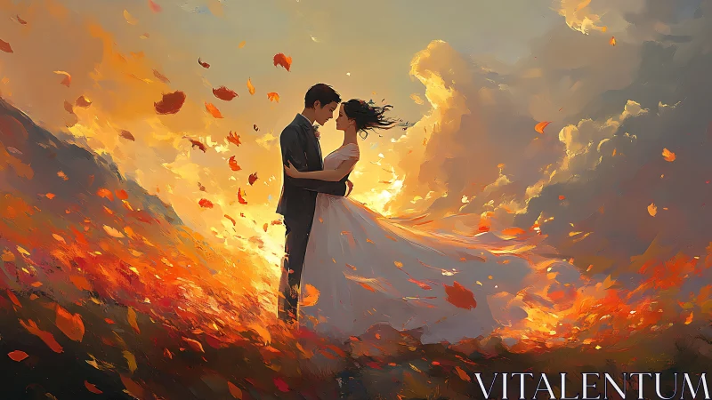 Couple in formal attire embracing amid golden autumn leaves