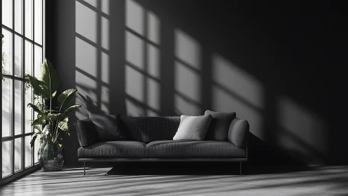 Minimalist dark sofa in high-contrast daylight interior.