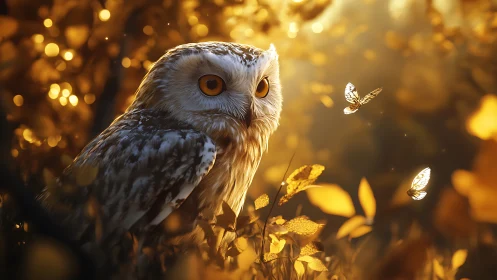 Majestic Owl in Golden Forest with Butterflies, Dreamy Nature Art.