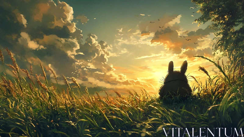 Silhouetted rabbit observes glowing sunset over wild meadow