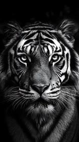 Monochrome frontal tiger portrait with high contrast lighting