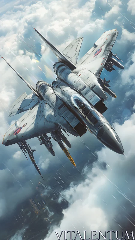 Fighter jet dives through stormy clouds in dynamic pursuit.