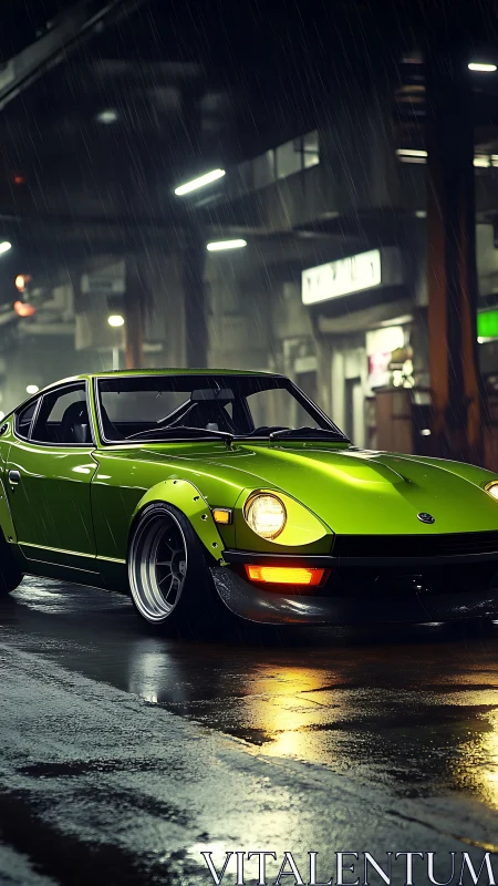 Neon green street samurai coupe in rain slicked night garage.