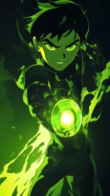 Dynamic green-lit hero projects concentrated energy blast forward