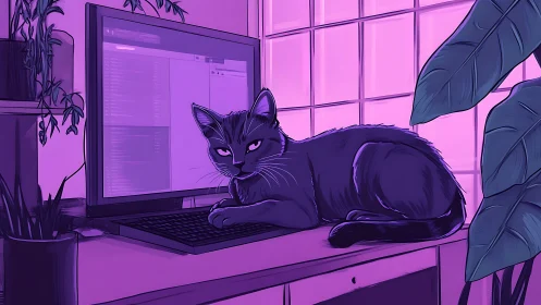 Cozy purple-lit office cat guarding the computer keyboard.