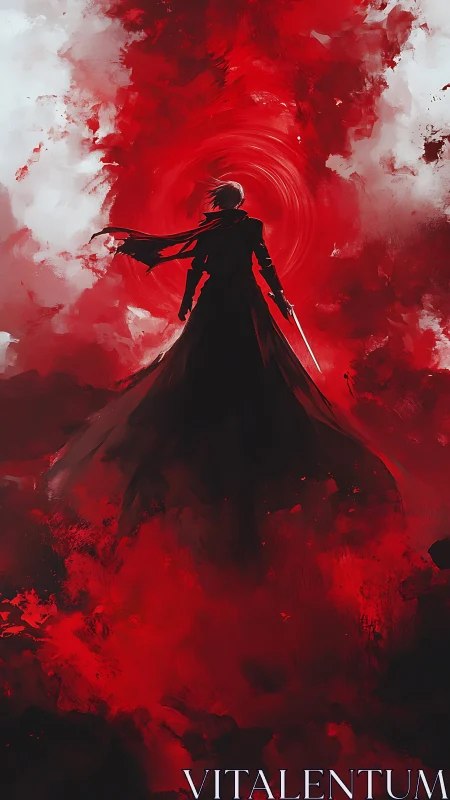 Sword-wielding silhouette faces swirling crimson vortex