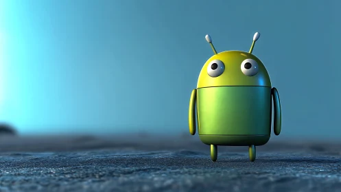 Bokeh-lit glossy green robot character rendered in shallow depth