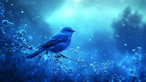 Bluebird perched on branch in dreamy glowing night scene.
